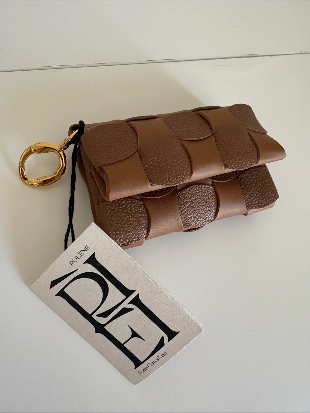Polene Brown Woven Leather Key & Card Holder with Gold Ring
